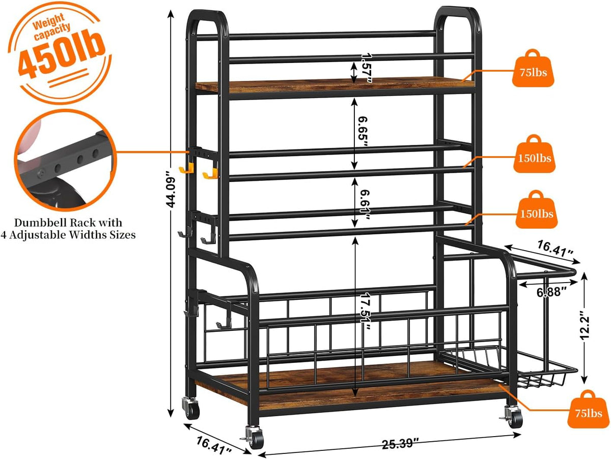 450LBS Dumbbell Rack,Weight Rack for Dumbbells,Weight Rack for Home Gym,Home Gym Storage for Strength Training Dumbbell Racks Stand with Wheels&Hooks