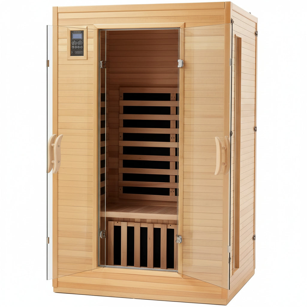 2024 Upgrade 2 Person Sauna, Low EMF 6 Heating Plate Infrared Physical Therapy Wooden Dry Steam Sauna with MP3 Auxiliary Connection, Dual Controls, Iron Shirt Wall Plate, Home Spa Day Use, Gift