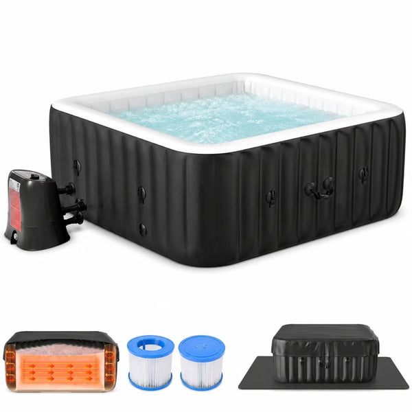 240 Gallon Inflatable Hot Tub 6 Person Square with Control Panel, Portable Outdoor Airjet Hot Tub Spa with 130 Bubble Jets, Filter, Insulated Tub Cover and Floor Protector, Temperature up to 104°F