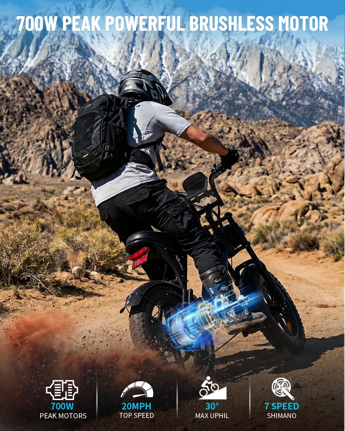 V8 MINI Electric Bike for Adults, 500W Peak E-Bike with 16" Fat Tires, Removable Battery Options 10.4Ah 7-Speed Electric Bicycle with Dual Disc Brakes