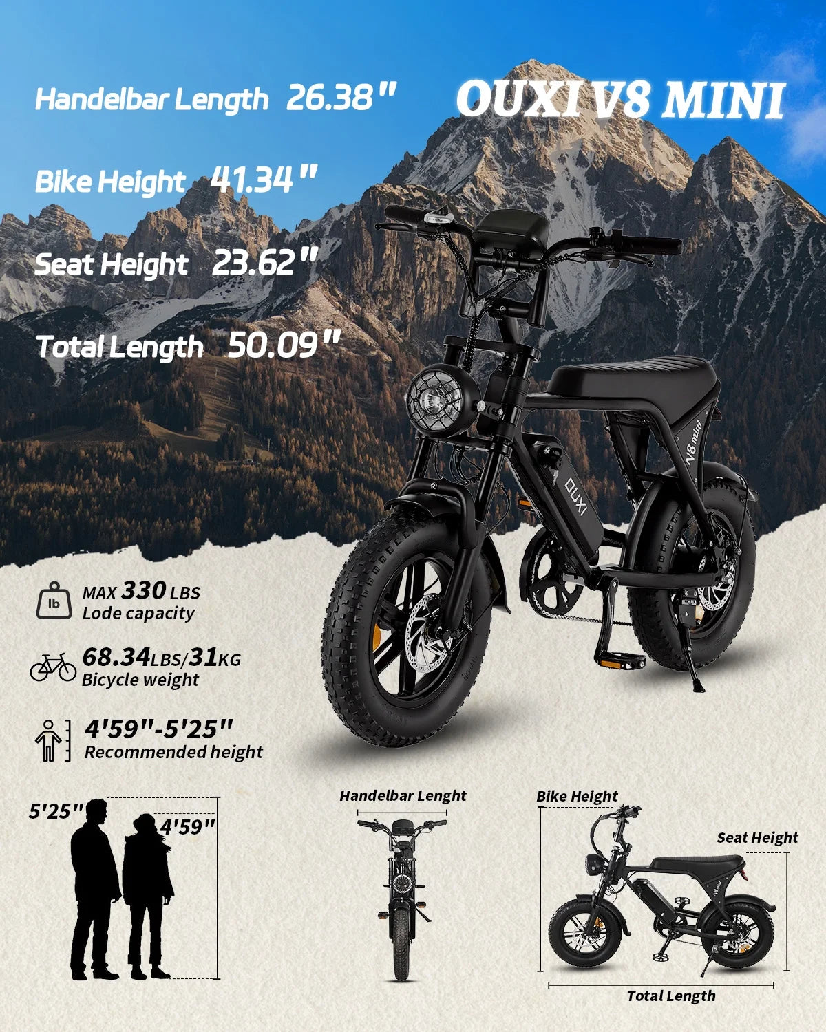 V8 MINI Electric Bike for Adults, 500W Peak E-Bike with 16" Fat Tires, Removable Battery Options 10.4Ah 7-Speed Electric Bicycle with Dual Disc Brakes