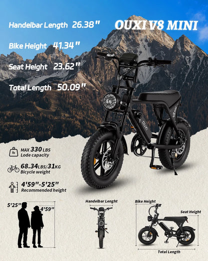 V8 MINI Electric Bike for Adults, 500W Peak E-Bike with 16" Fat Tires, Removable Battery Options 10.4Ah 7-Speed Electric Bicycle with Dual Disc Brakes