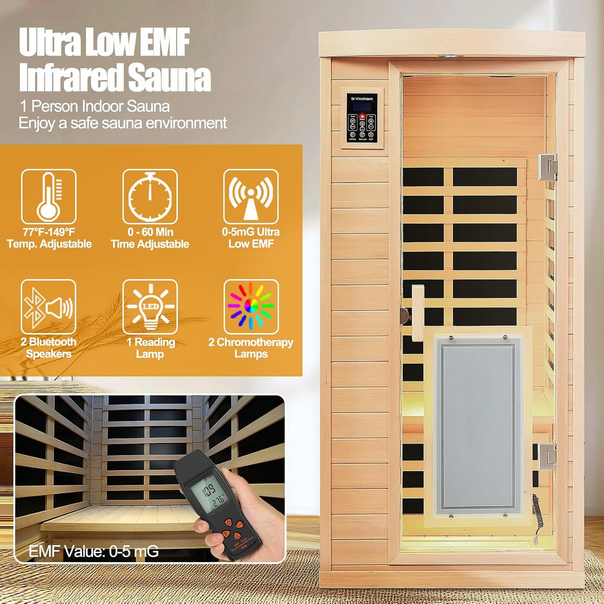 Far Infrared Sauna 1 Person Infrared Home Sauna Room 0-5Mg Utra Low EMF Home Sauna Spa 1460W Canadian Hemlock Wooden Indoor Dry Sauna with Door Heating Plate, 2 Control Panels