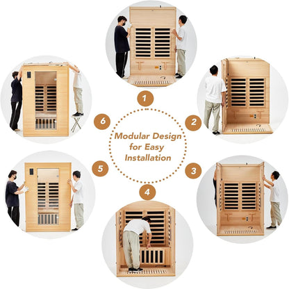 2024 Upgrade 2 Person Sauna, Low EMF 6 Heating Plate Infrared Physical Therapy Wooden Dry Steam Sauna with MP3 Auxiliary Connection, Dual Controls, Iron Shirt Wall Plate, Home Spa Day Use, Gift