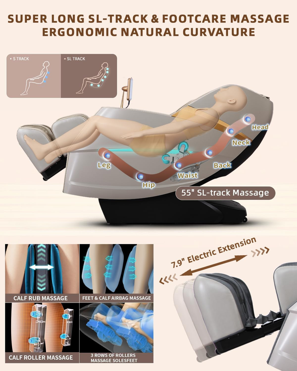 Massage Chair 4D Full Body Zero Gravity 55" Long Sl-Track,Beige