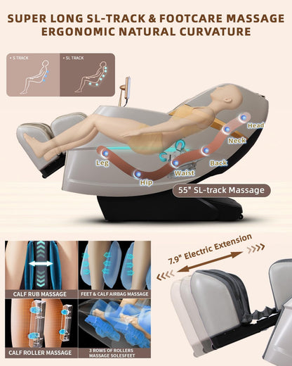 Massage Chair 4D Full Body Zero Gravity 55" Long Sl-Track,Beige