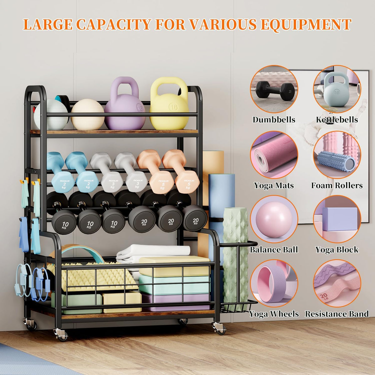 450LBS Dumbbell Rack,Weight Rack for Dumbbells,Weight Rack for Home Gym,Home Gym Storage for Strength Training Dumbbell Racks Stand with Wheels&Hooks