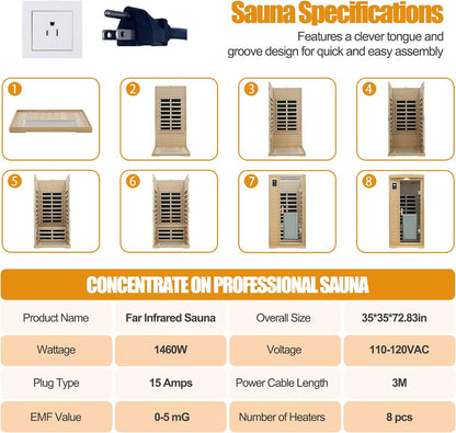 Far Infrared Sauna 1 Person Infrared Home Sauna Room 0-5Mg Utra Low EMF Home Sauna Spa 1460W Canadian Hemlock Wooden Indoor Dry Sauna with Door Heating Plate, 2 Control Panels