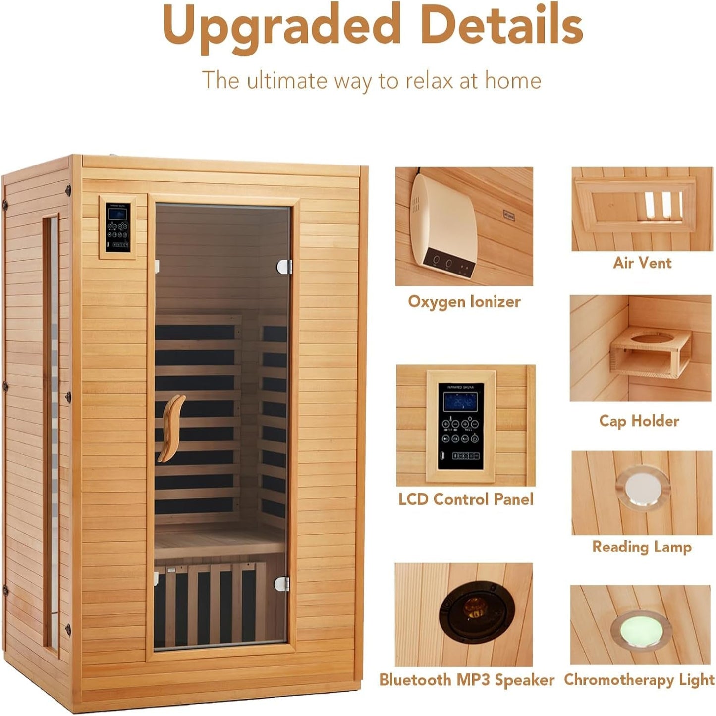 2024 Upgrade 2 Person Sauna, Low EMF 6 Heating Plate Infrared Physical Therapy Wooden Dry Steam Sauna with MP3 Auxiliary Connection, Dual Controls, Iron Shirt Wall Plate, Home Spa Day Use, Gift