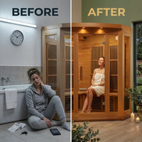 Infrared Sauna Built for Home Wellness, 3-Person Cedar, FAR Carbon Panels, Chromotherapy Lighting — Before & After