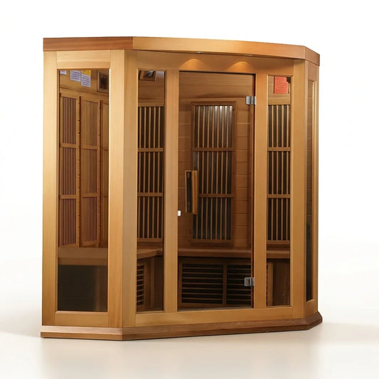 Infrared Sauna Built for Home Wellness, 3-Person Cedar, FAR Carbon Panels, Chromotherapy Lighting — Studio Shot
